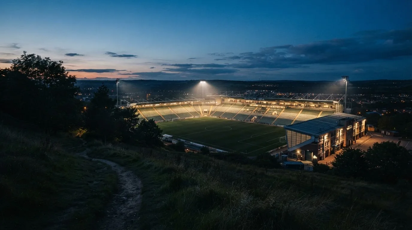 Ein leeres Stadion mit hell erleuchteten Rängen in der Abenddämmerung, von einem Hügel aus fotografiert.