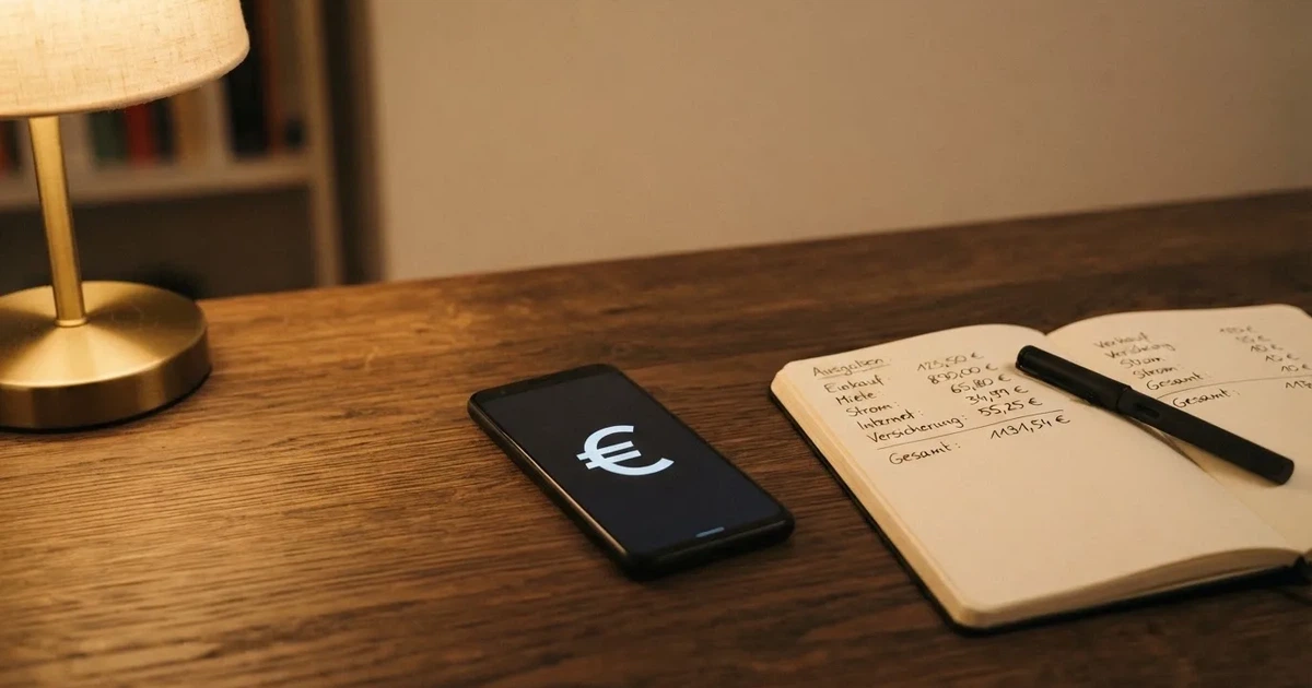 Ein paar Euro-Münzen und ein einzelner Geldschein liegen neben einem aufgeschlagenen Notizbuch mit handschriftlichen Zahlenreihen auf einem Schreibtisch.