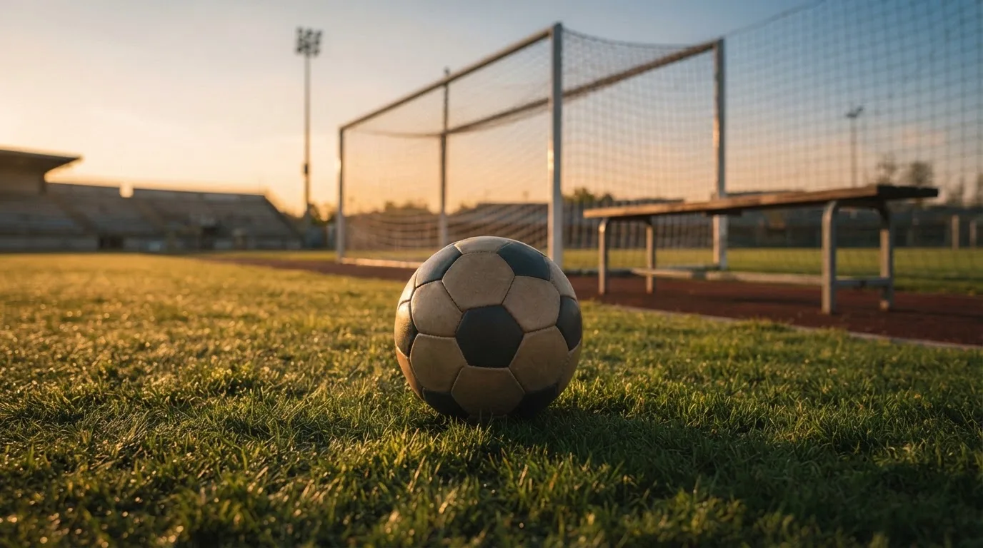 Ein Fußball liegt im Gras am Spielfeldrand, dahinter eine leere Bank und ein Tor im Gegenlicht.