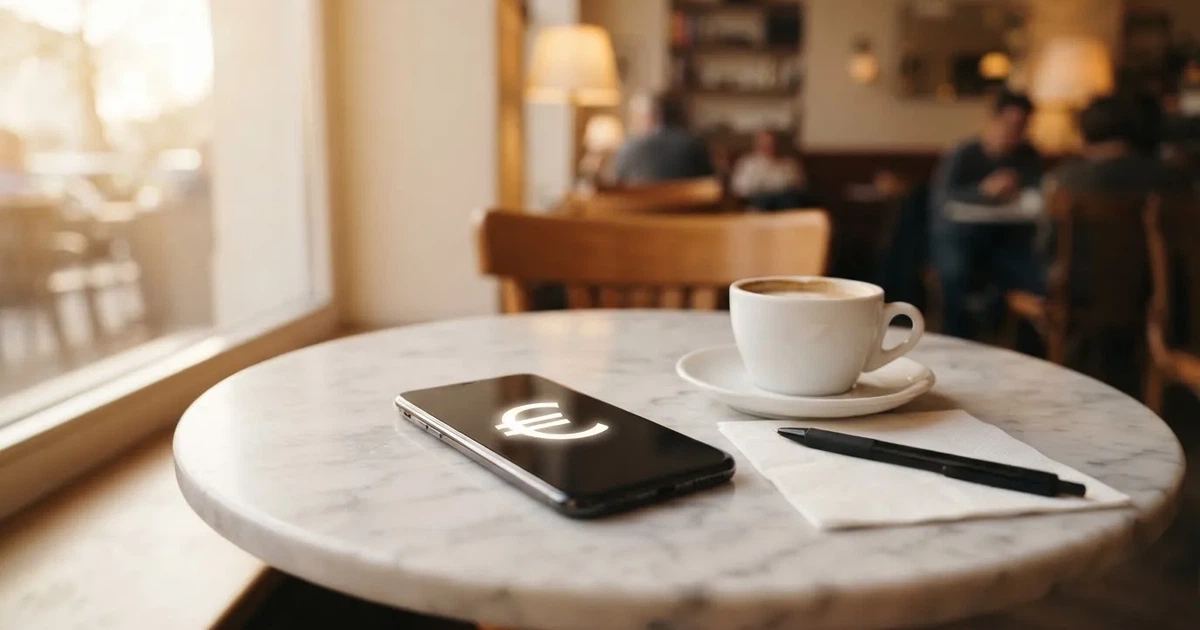 Ein Smartphone liegt mit dunklem Display auf einem Café-Tisch neben einer Tasse Kaffee und einem Kugelschreiber.