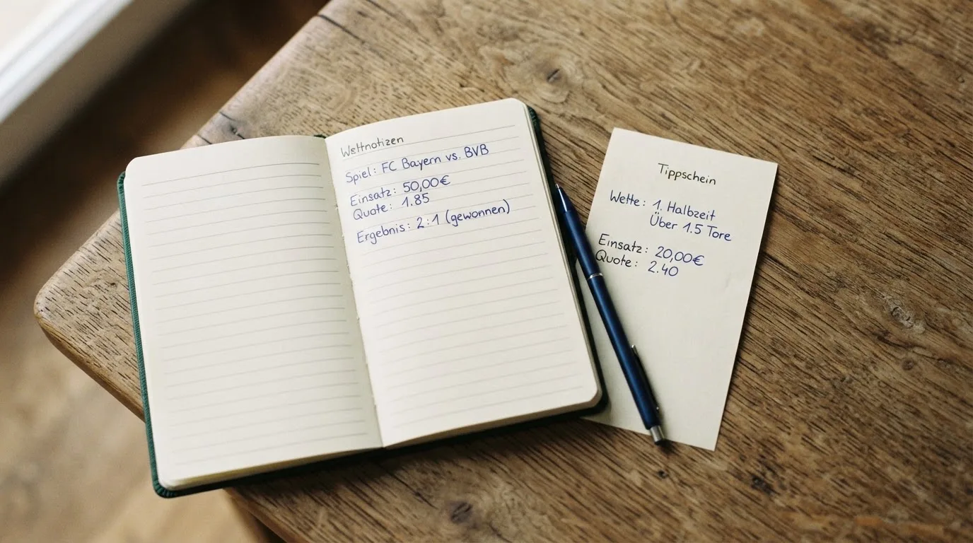 Ein Notizbuch mit handschriftlichen Notizen liegt aufgeschlagen neben einem leeren Papier-Wettschein auf einem Holztisch.