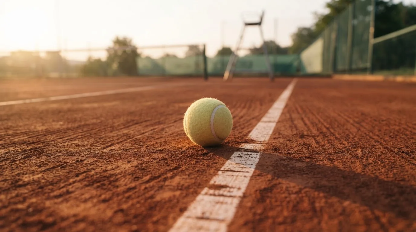 Ein Tennisball liegt auf einem roten Sandplatz bei Sonnenaufgang, im Hintergrund ein leerer Schiedsrichterstuhl.