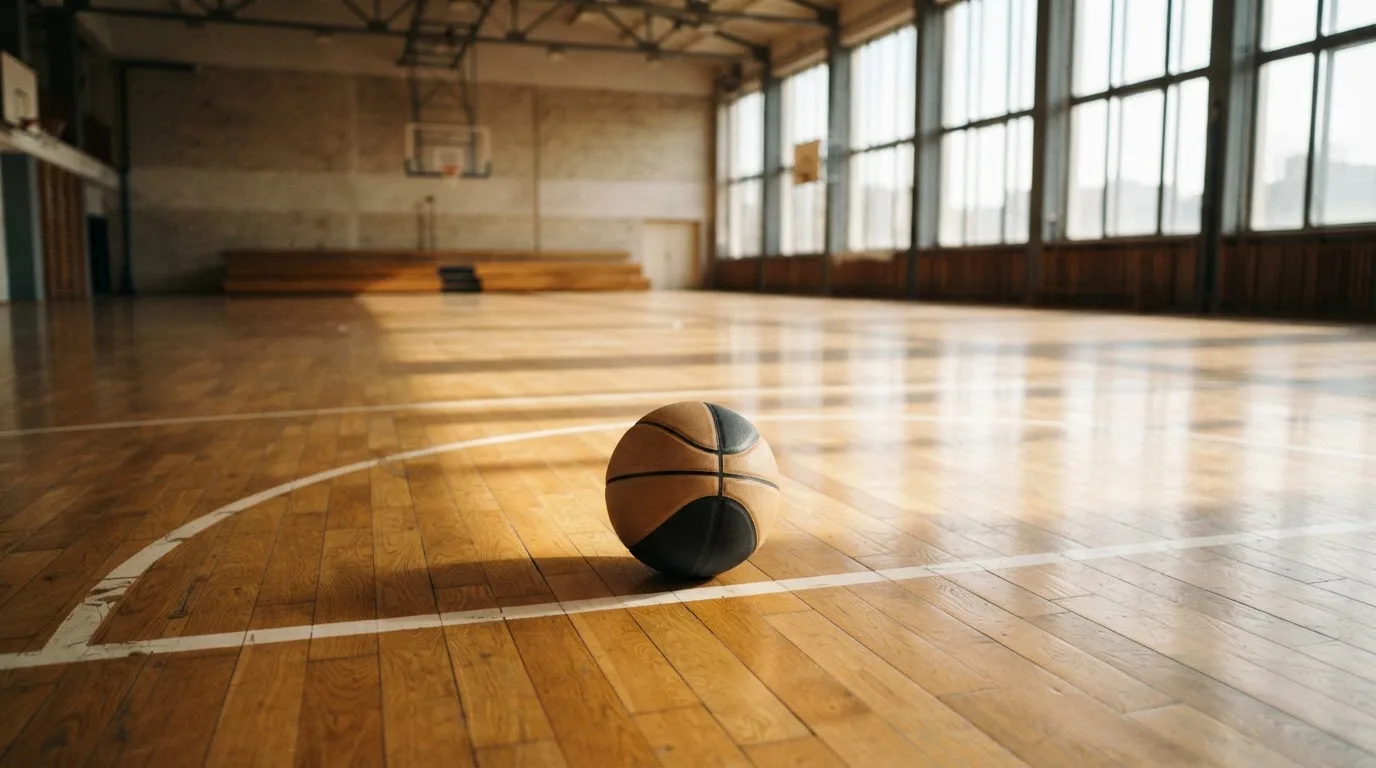 Ein Basketball liegt auf dem Parkett einer leeren Halle, Licht fällt durch hohe Fenster.
