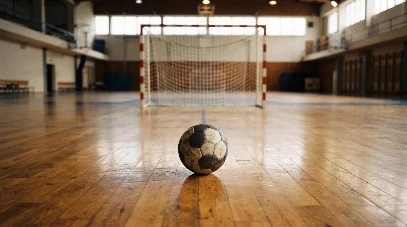 Ein Handball liegt in einer leeren Halle auf dem Boden vor dem Tor.