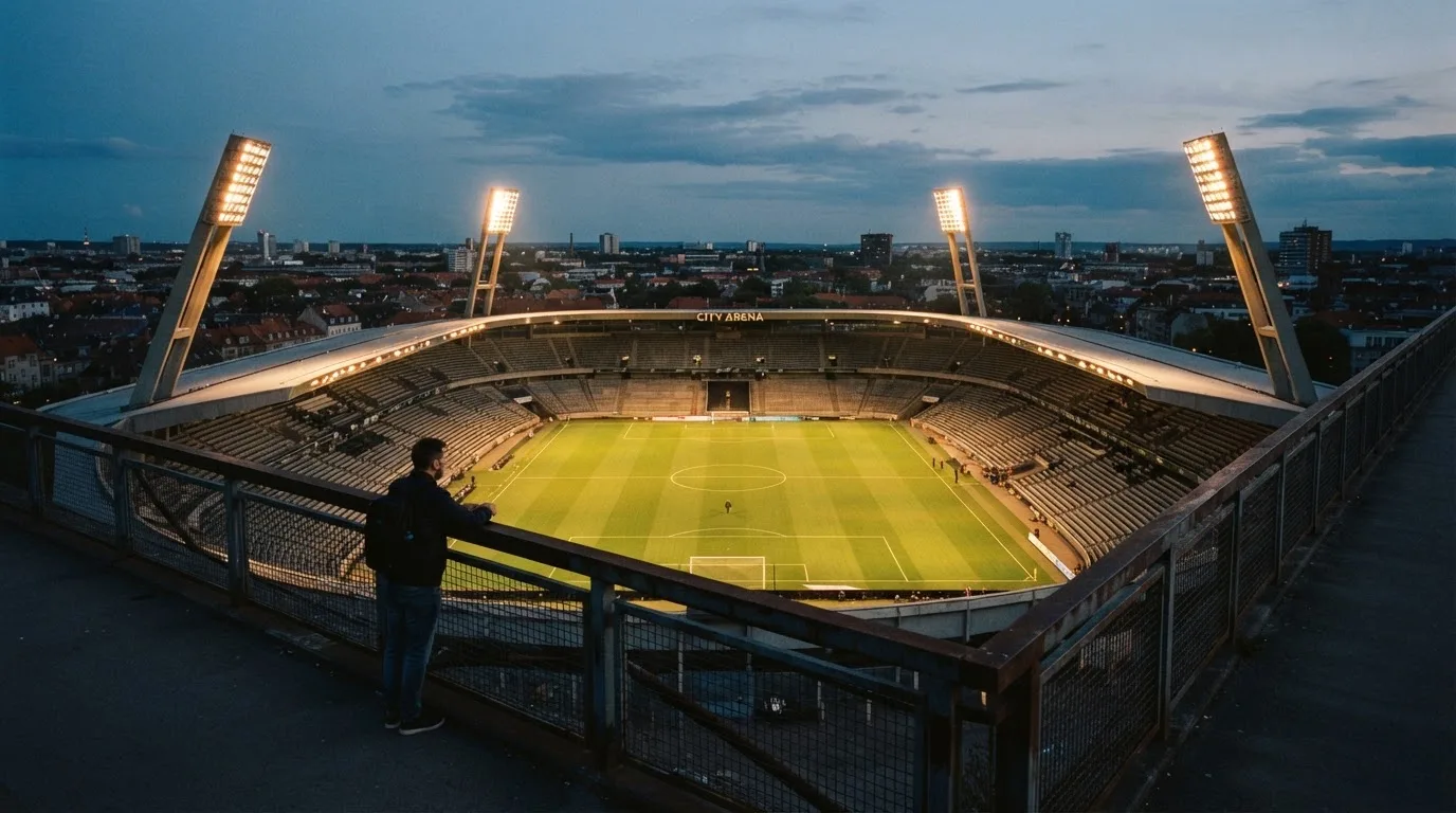 Ein Stadion bei Dämmerung mit eingeschalteten Flutlichtmasten, von einer Brücke aus aufgenommen.
