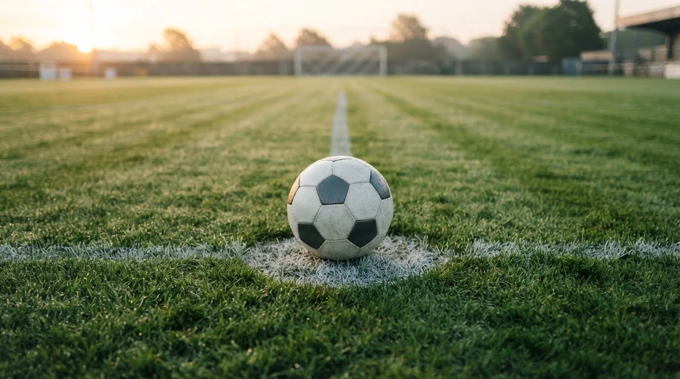 Ein Fußball liegt auf dem Anstoßkreis eines leeren Rasenplatzes im frühen Morgenlicht.