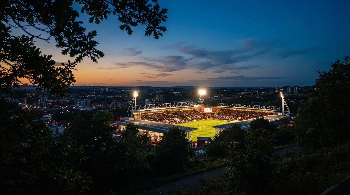 Ein Stadion unter Flutlicht aus großer Entfernung, davor die Silhouetten von Bäumen im Abendhimmel.