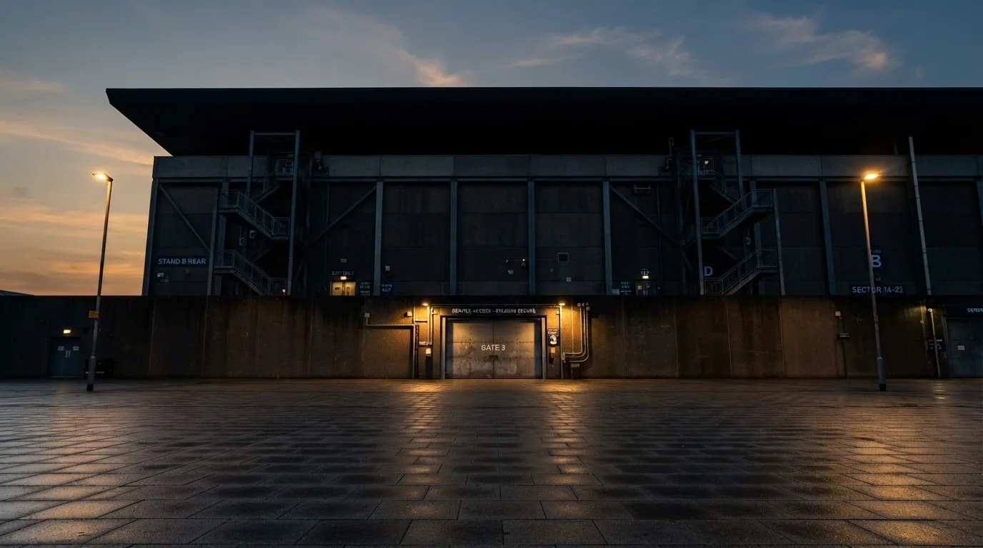 Die Rückseite einer Tribüne bei Dämmerung, davor ein menschenleerer Vorplatz mit Pflastersteinen.