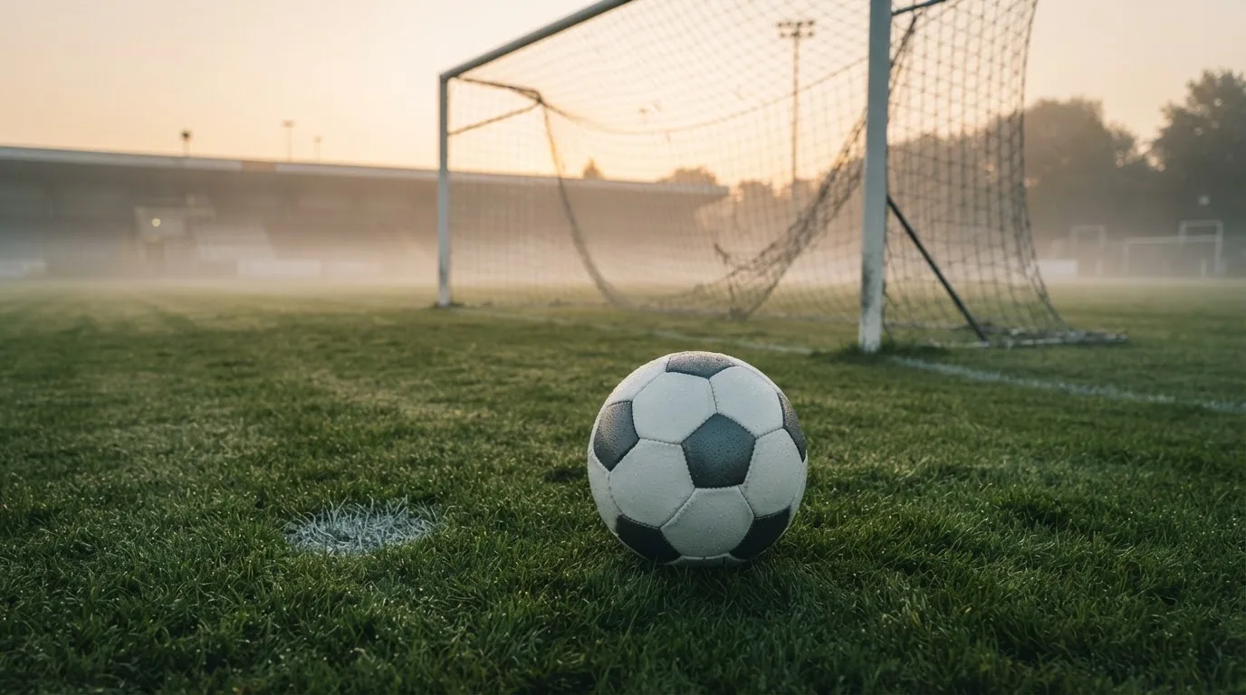 Ein Fußball auf dem Rasen vor einem leeren Tor im frühen Morgenlicht.