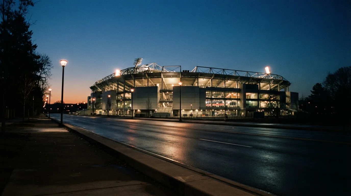 Ein Stadion aus der Ferne bei Flutlicht, davor eine ruhige Straße in der Abenddämmerung.