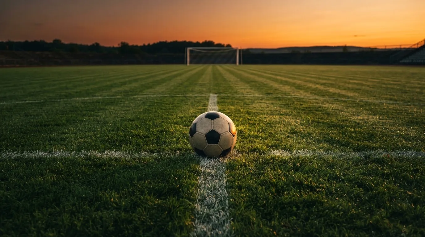 Ein Fußball liegt in der Mitte eines leeren Rasenplatzes, am Horizont färbt sich der Himmel orange.