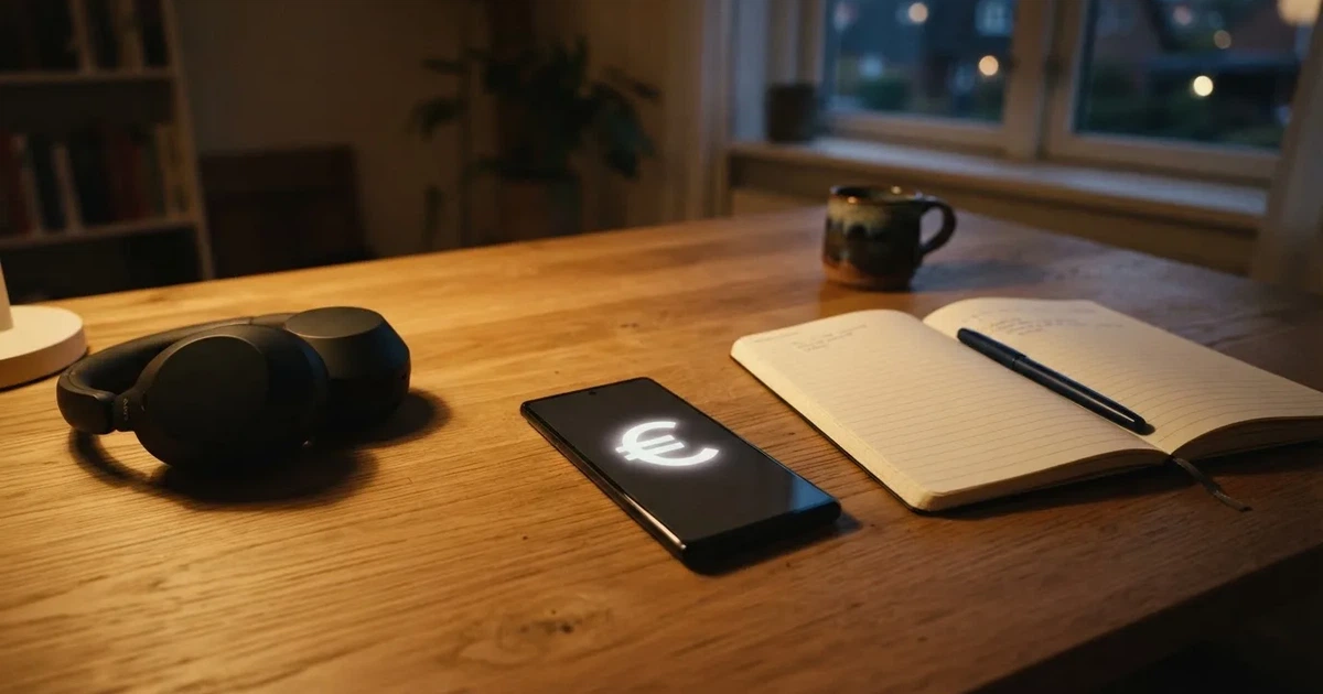 Ein Smartphone mit schwarzem Display liegt neben Kopfhörern auf einem Schreibtisch, daneben ein aufgeschlagenes Notizbuch.