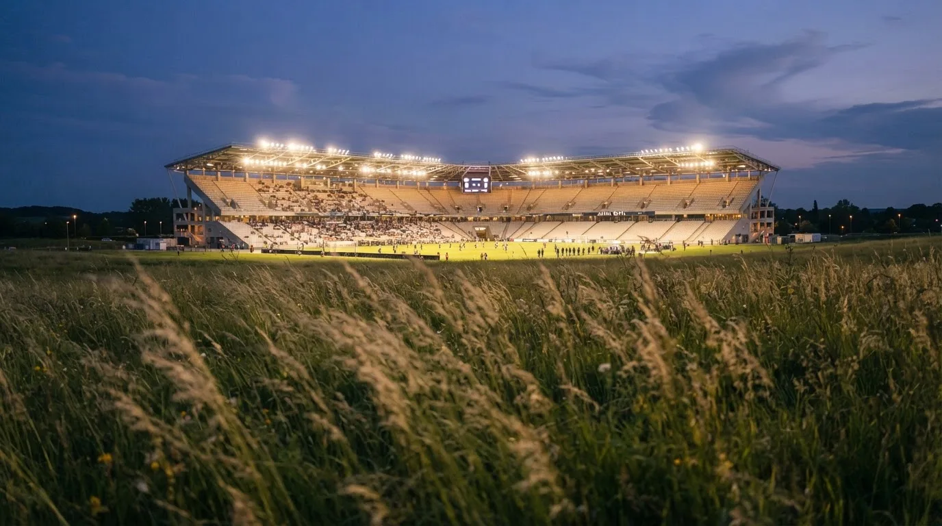 Ein hell beleuchtetes Stadion aus der Ferne in der Dämmerung, im Vordergrund ein Feld mit hohem Gras.