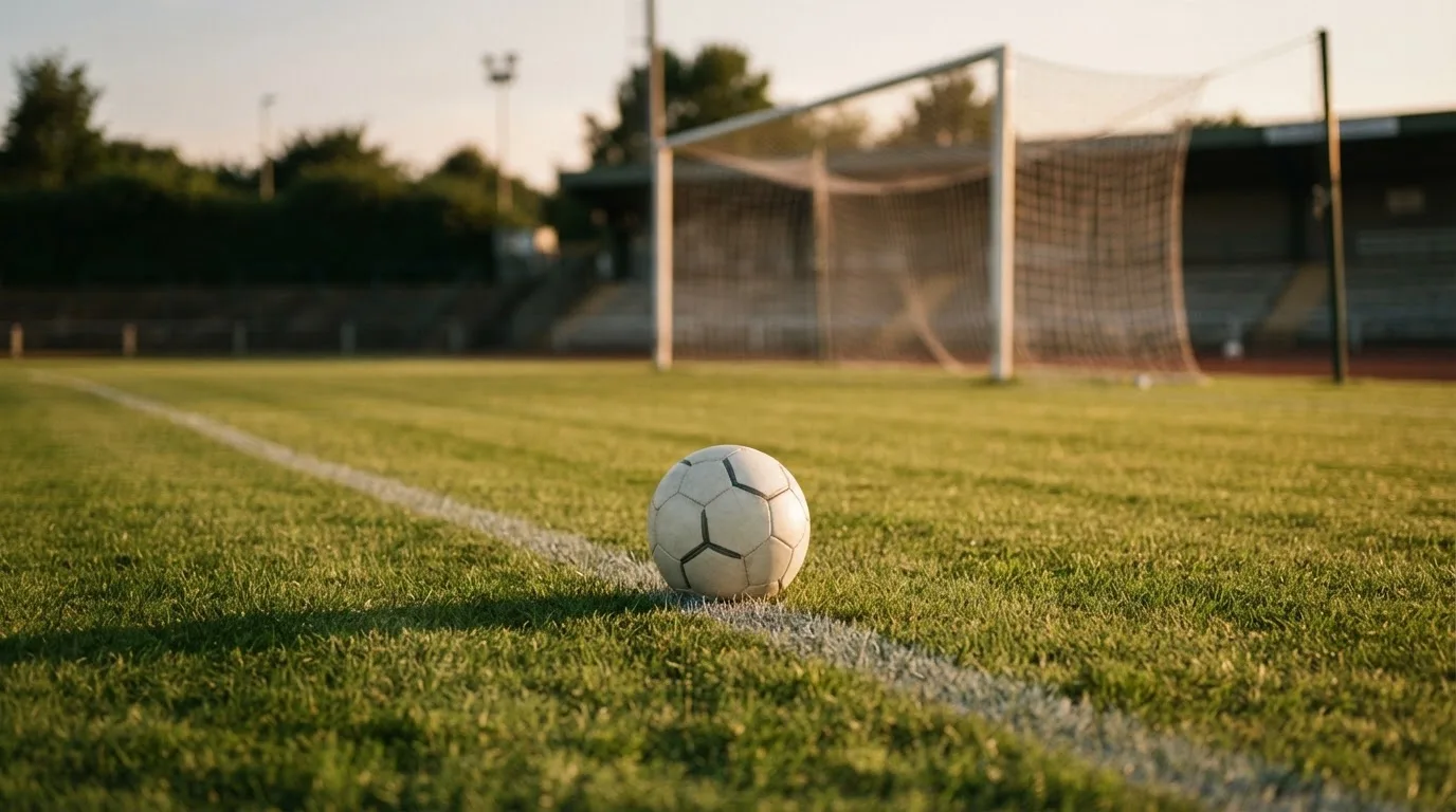 Ein Fußball liegt im Strafraum eines leeren Platzes, dahinter die Netze des Tores im Abendlicht.
