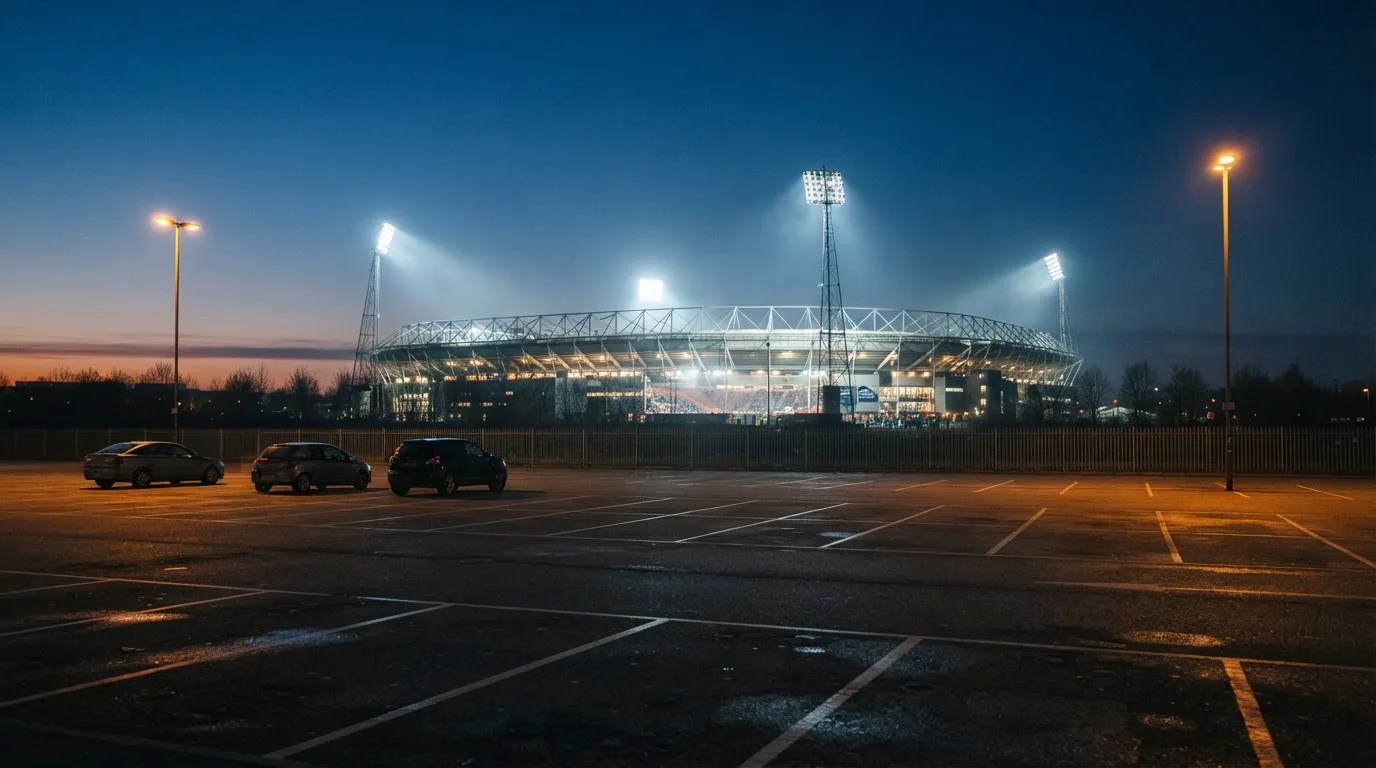 Ein Stadion unter Flutlicht aus großer Entfernung bei Einbruch der Dunkelheit, davor ein stiller Parkplatz.