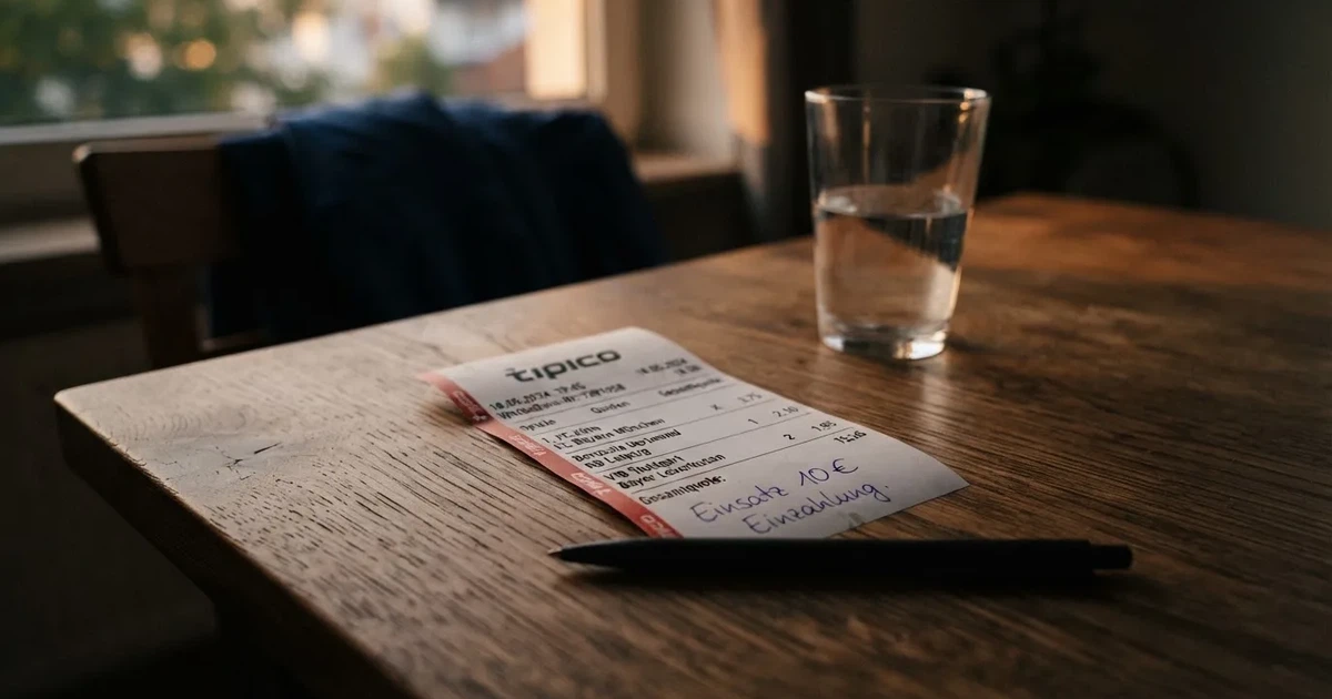Ein leerer Papier-Wettschein liegt zusammen mit einem Kugelschreiber auf einem Tisch, daneben ein Glas Wasser.