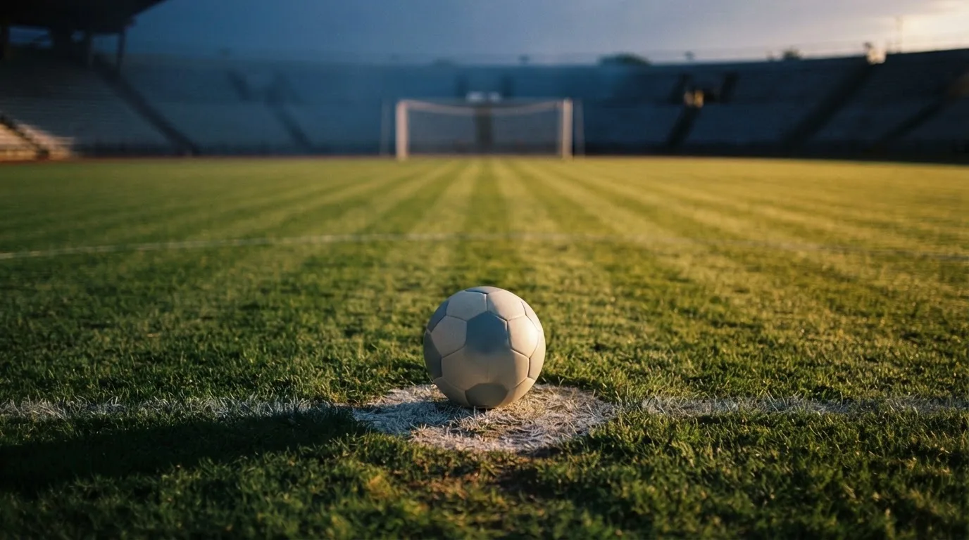 Ein Fußball liegt auf dem Elfmeterpunkt eines leeren Platzes im Abendlicht.