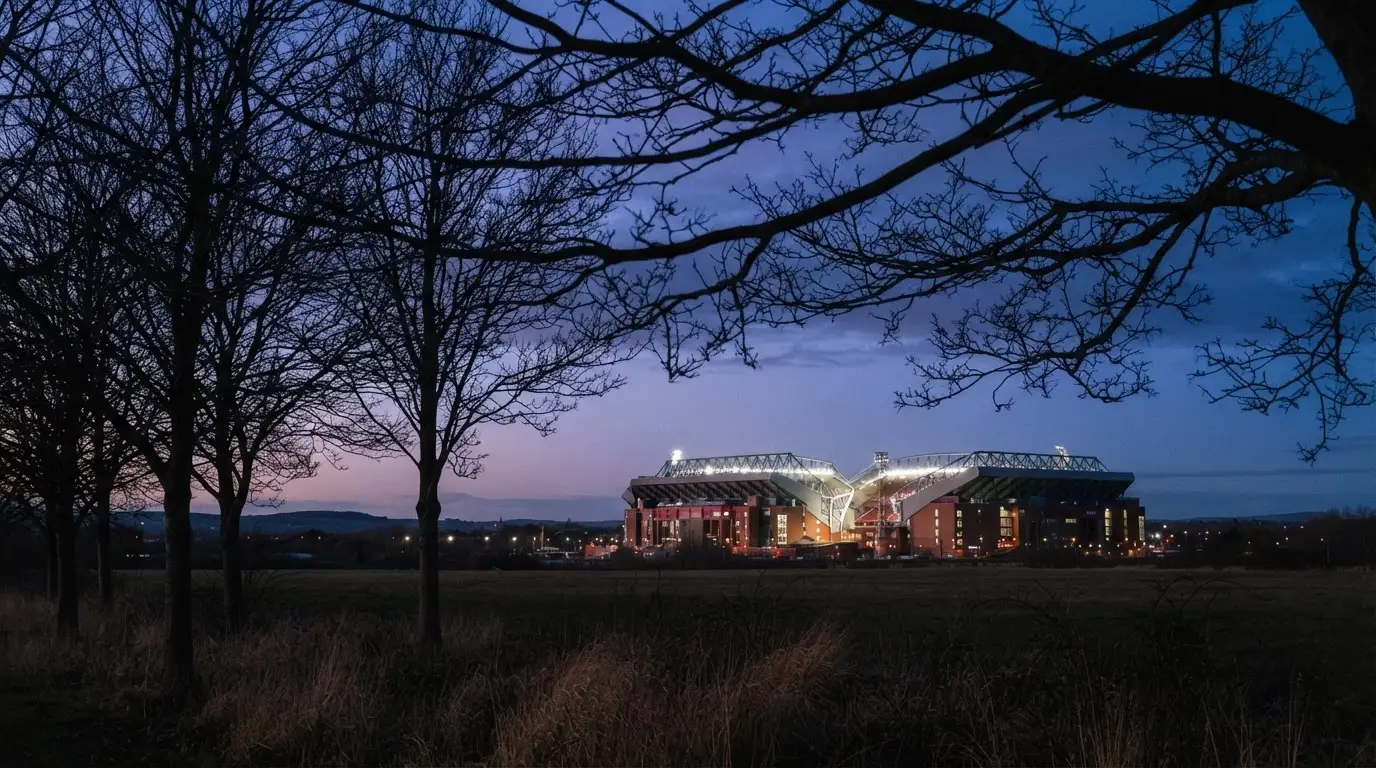 Ein Stadion unter Flutlicht, aus großer Entfernung gesehen, davor eine Reihe kahler Bäume im Dämmerlicht.
