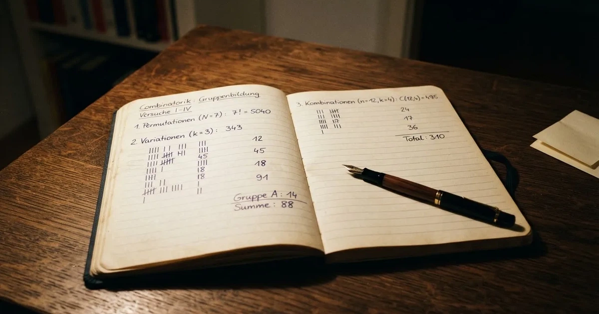 Ein Notizbuch mit handschriftlichen Zahlenreihen und Strichlisten liegt neben einem Taschenrechner auf einem Schreibtisch.
