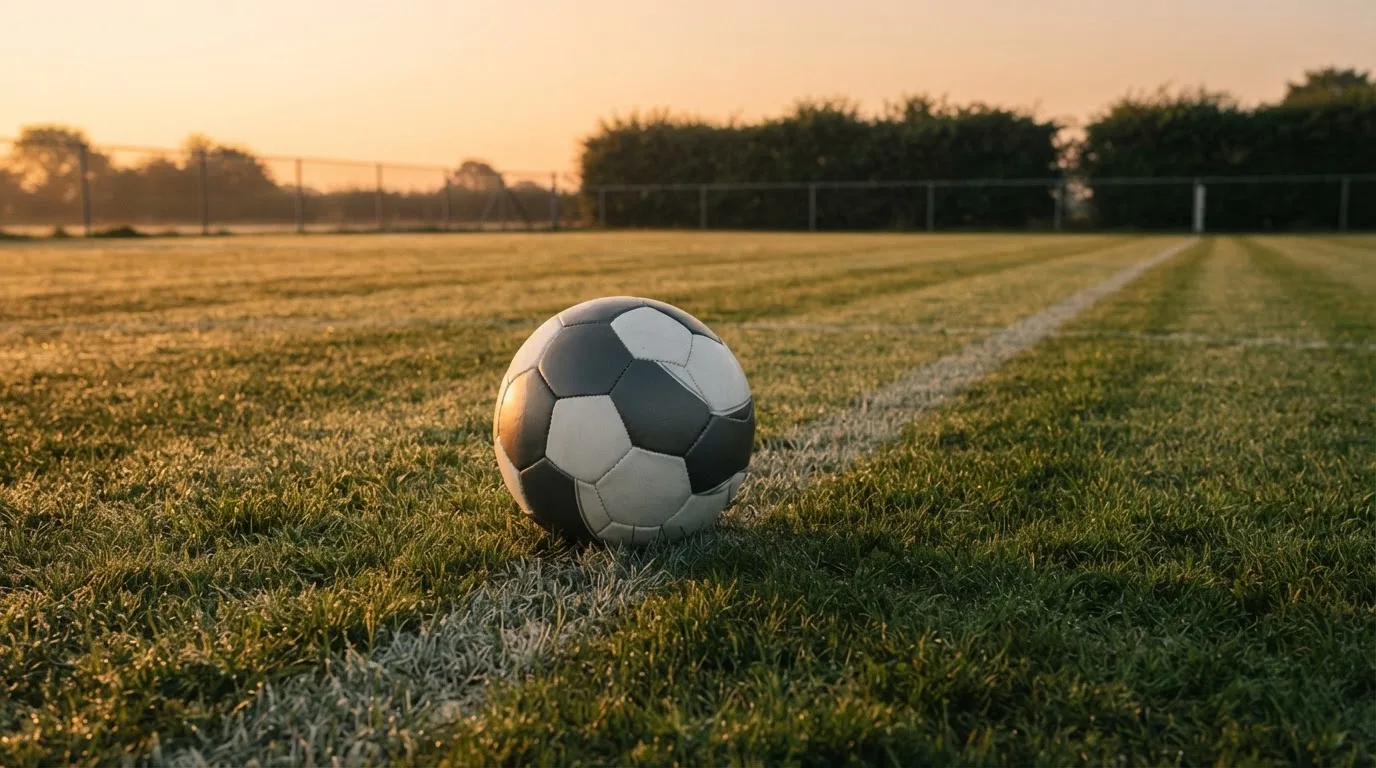 Ein Fußball liegt am Rand des Mittelkreises auf einem leeren Rasenplatz bei Sonnenaufgang.