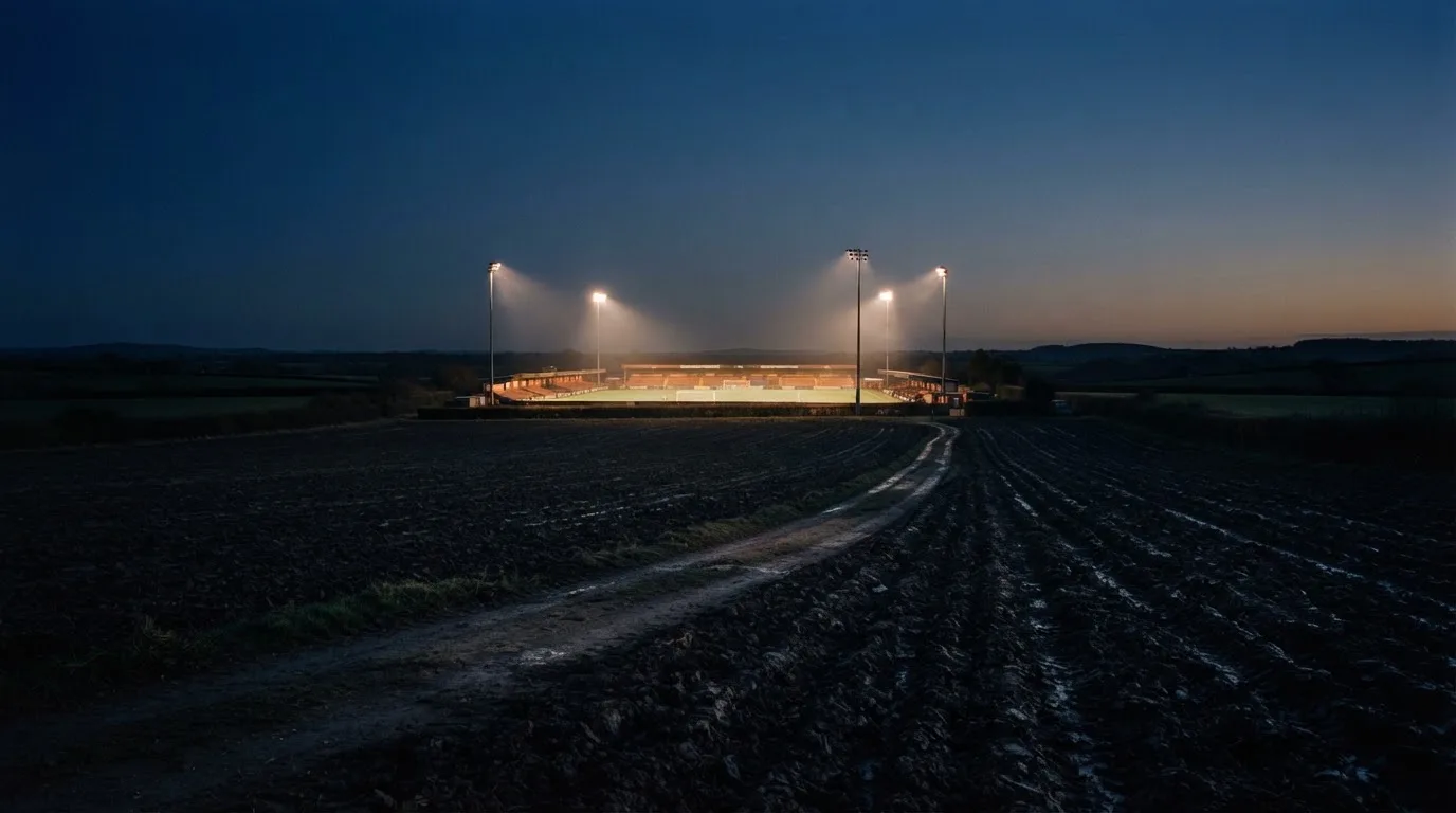 Ein Stadion unter Flutlicht aus großer Entfernung, davor ein dunkler Acker im Abendlicht.