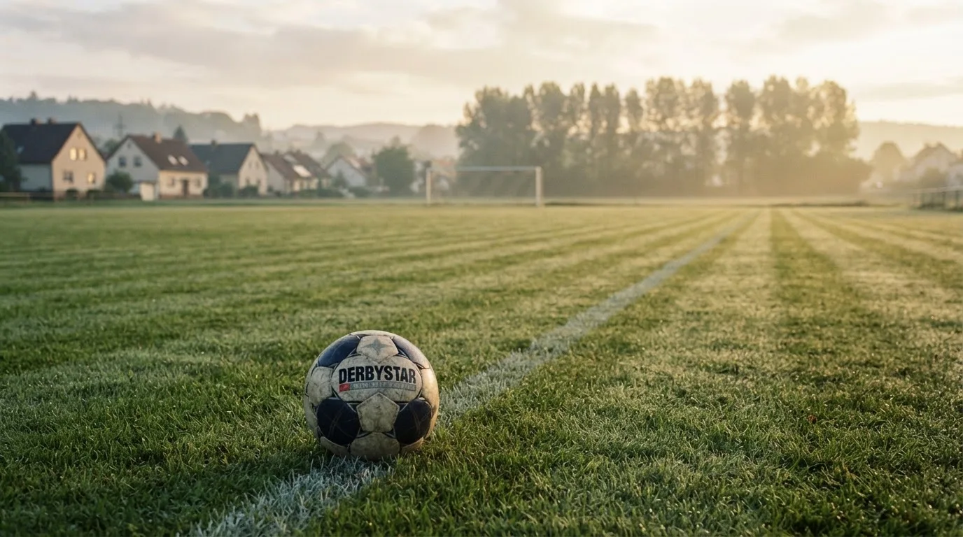 Ein Fußball auf dem Rasen eines leeren Sportplatzes am Rand einer Kleinstadt im Morgenlicht.