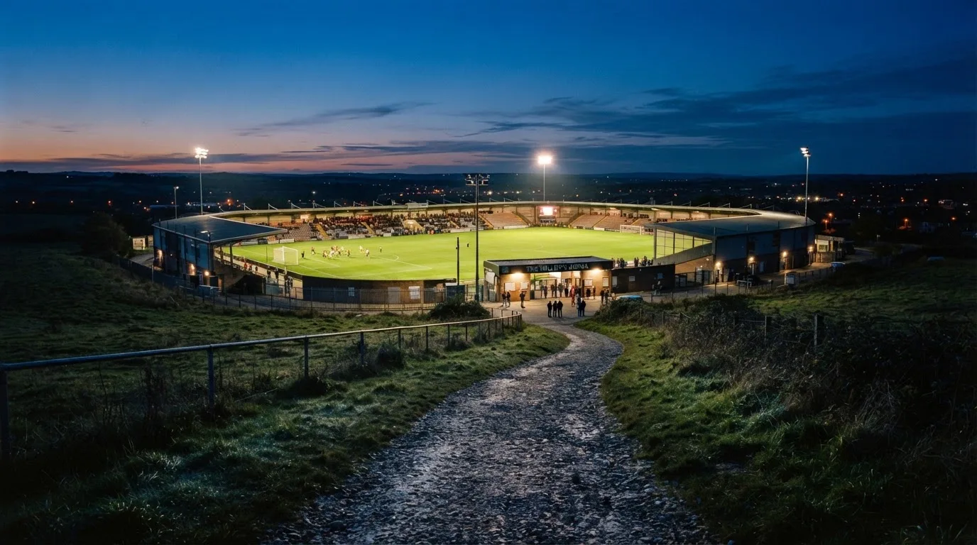 Ein Stadion unter Flutlicht, von einer Anhöhe aus gesehen, davor ein stiller Weg in der Dämmerung.