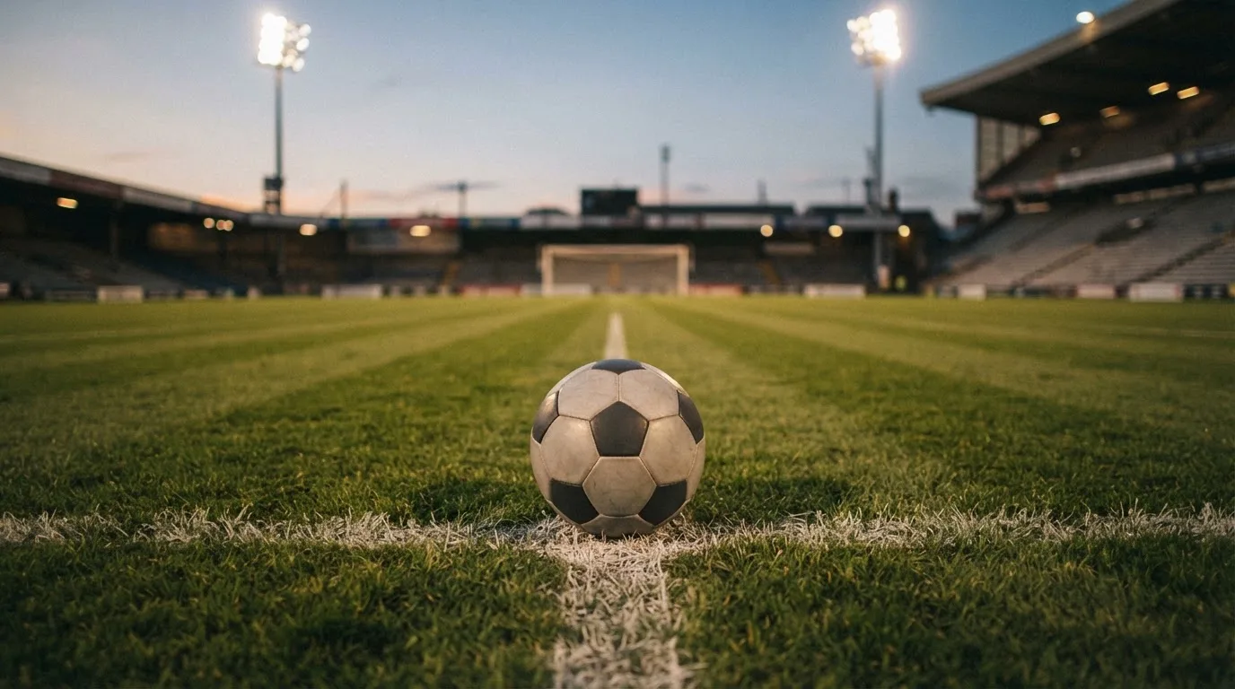 Ein Fußball liegt auf dem Anstoßpunkt eines leeren Rasenplatzes, im Hintergrund ein Stadion unter Flutlicht in der Abenddämmerung.