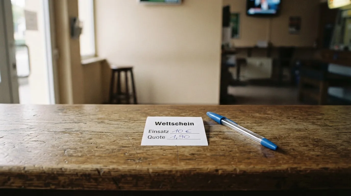 Ein leerer Wettschein aus Papier liegt neben einem Stift auf einer hölzernen Theke, weiches Licht fällt von der Seite ein.