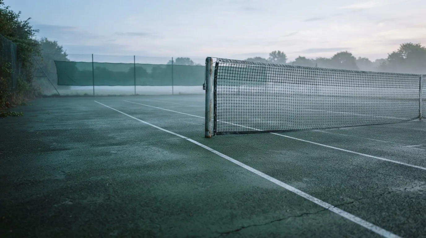 Ein Tennisplatz im Morgengrauen, das Netz und die Linien liegen im Tau, im Hintergrund leichter Nebel und kein Mensch zu sehen.
