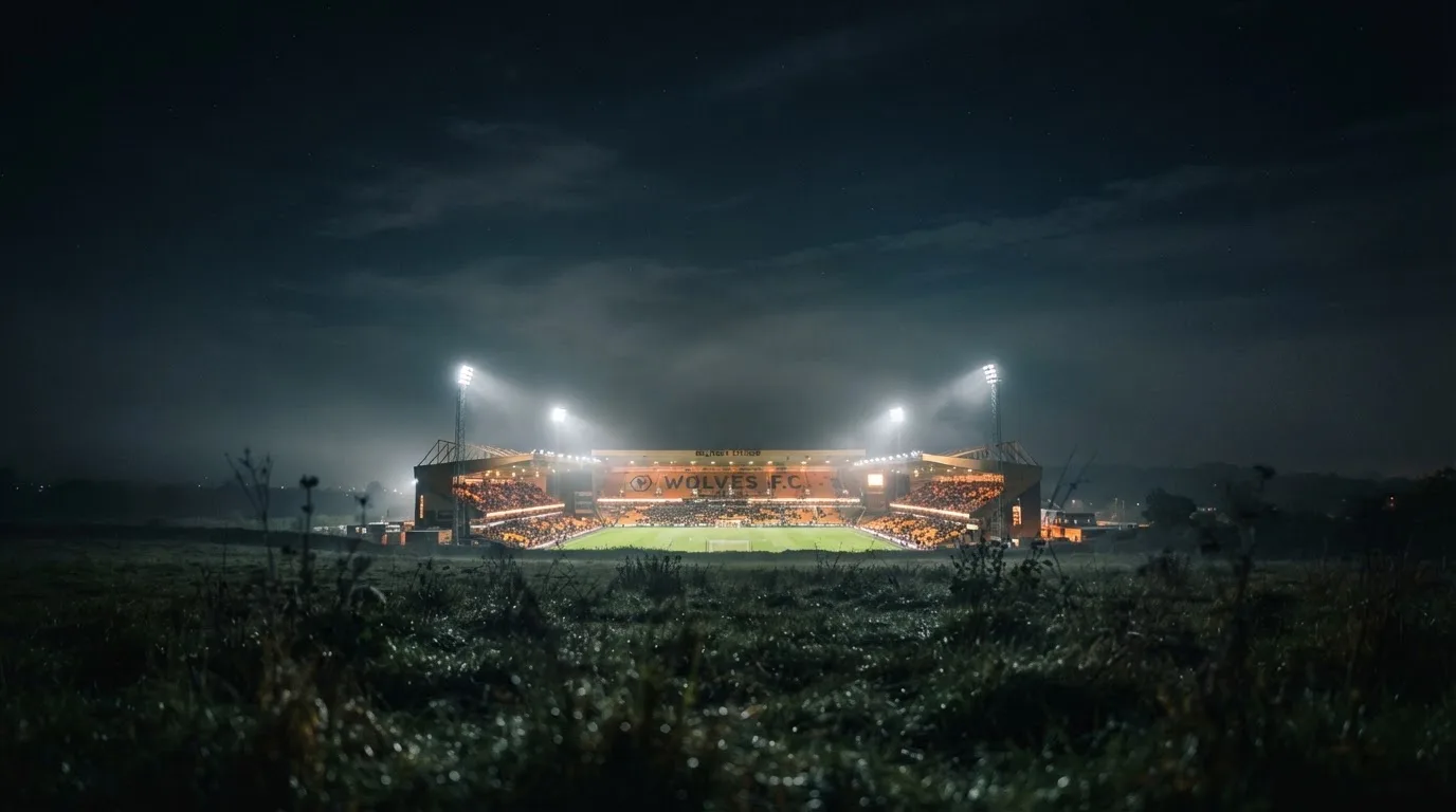 Ein Stadion unter Flutlicht, aus großer Entfernung über eine dunkle Wiese fotografiert, am Himmel zieht Nebel auf.