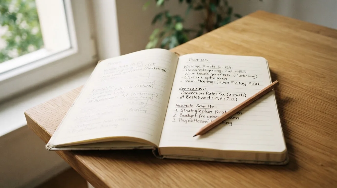 Ein Notizbuch mit handschriftlichen Notizen und ein Bleistift liegen auf einem Schreibtisch am Fenster, draußen fällt Morgenlicht herein.