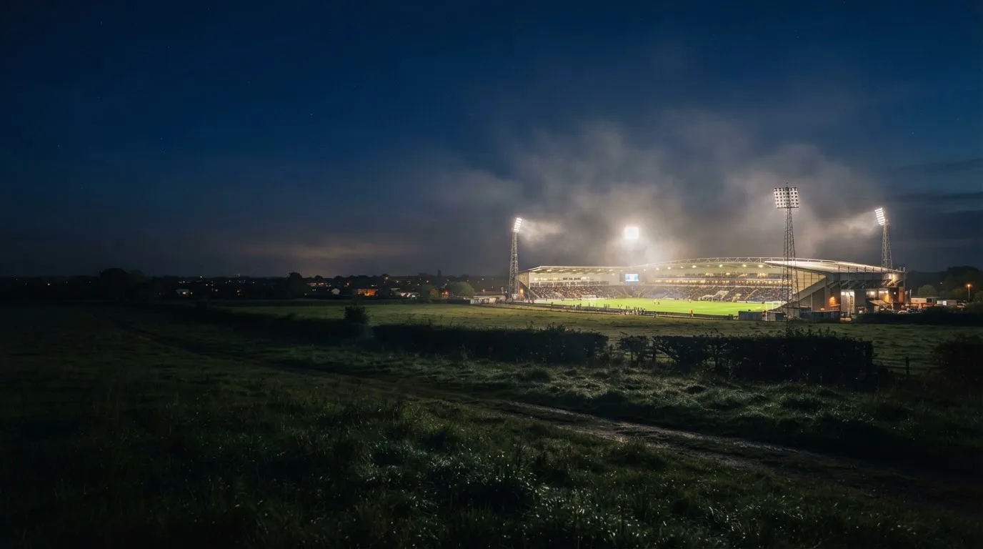 Ein Stadion unter Flutlicht, aus großer Entfernung über eine dunkle Wiese fotografiert, am Himmel zieht Nebel auf.