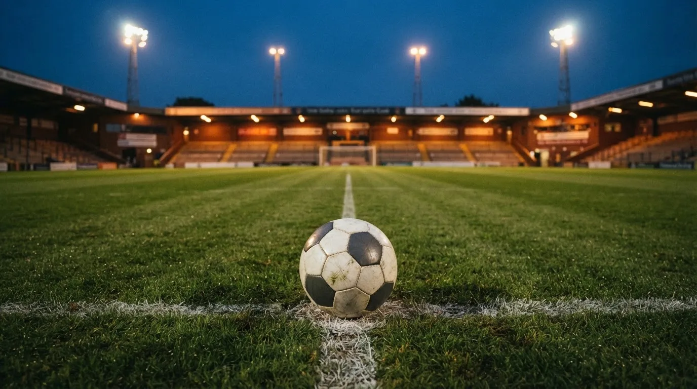 Ein Fußball liegt auf dem Anstoßpunkt eines leeren Rasenplatzes, im Hintergrund steht ein Stadion unter Flutlicht in der Dämmerung.
