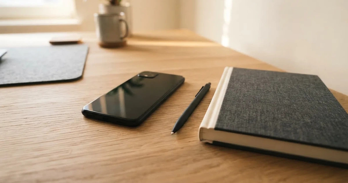 Ein Smartphone liegt neben einem Notizbuch und einem Kugelschreiber auf einem hellen Schreibtisch, das Display ist ausgeschaltet.