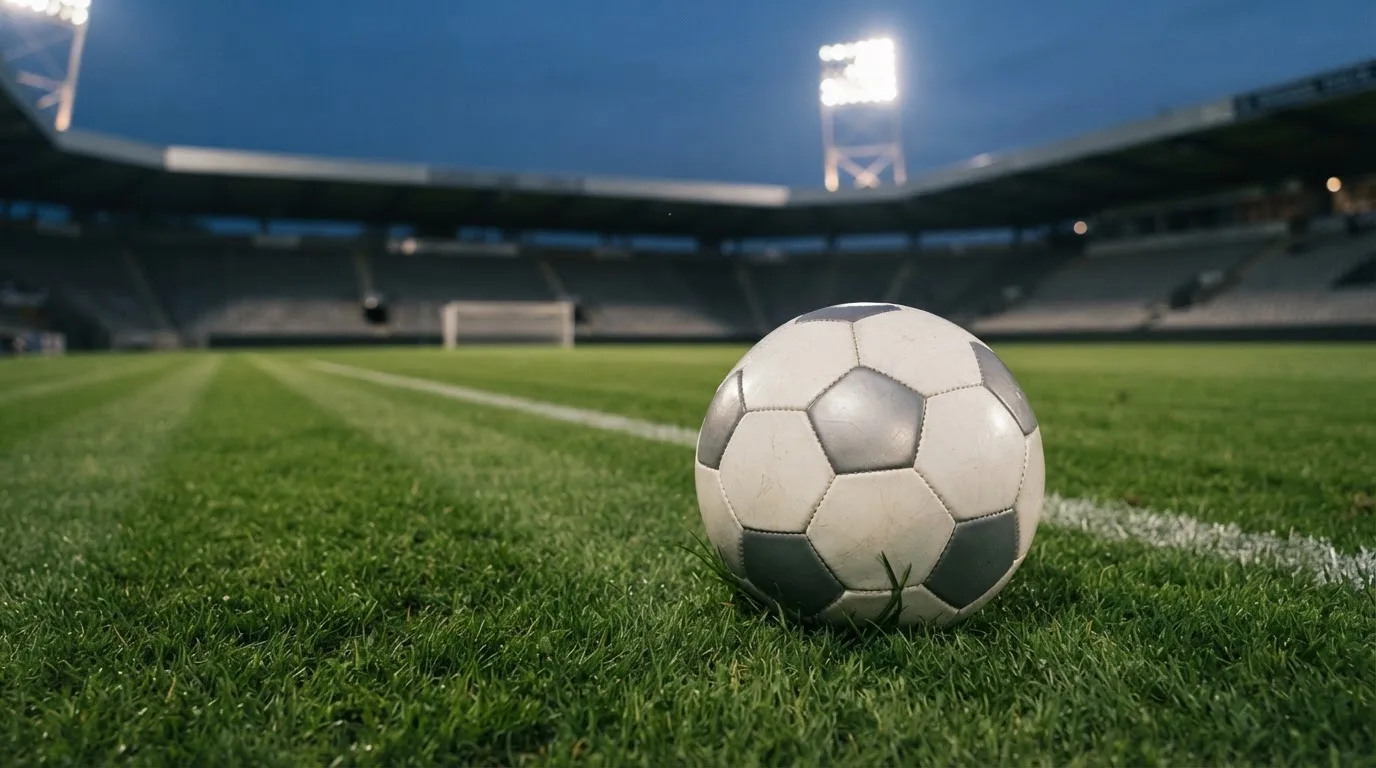 Ein Fußball liegt auf dem Rasen eines leeren Platzes, im Hintergrund ein Stadion unter Flutlicht in der Abenddämmerung.