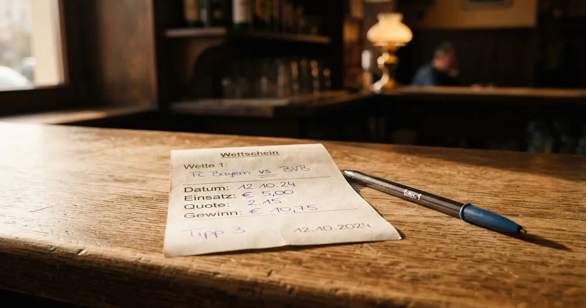 Ein leerer Wettschein aus Papier liegt neben einem Stift auf einer hölzernen Theke, weiches Licht fällt von der Seite ein.