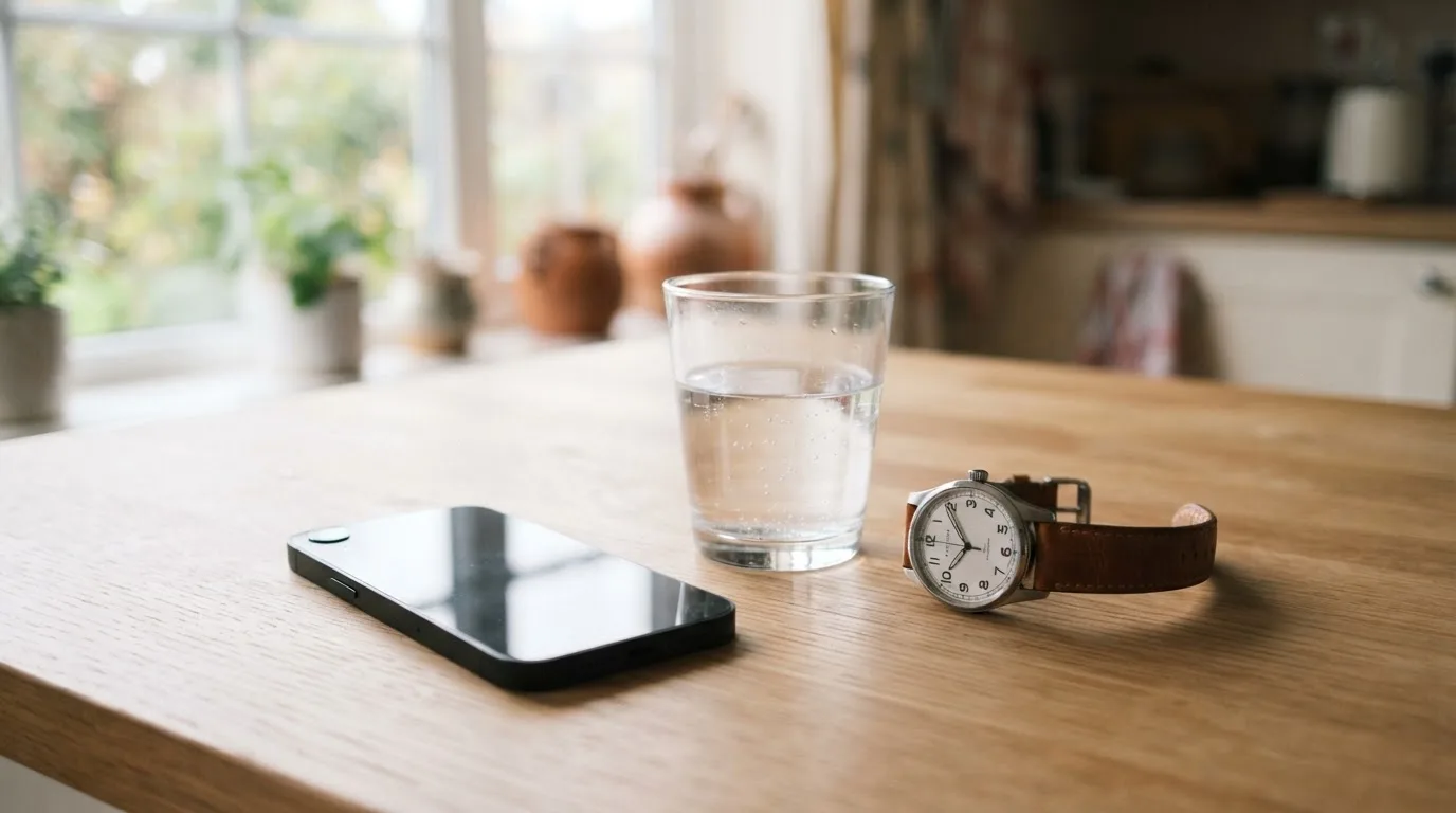 Ein Smartphone liegt mit dem Display nach unten auf einem Küchentisch, daneben stehen ein Glas Wasser und eine Armbanduhr.