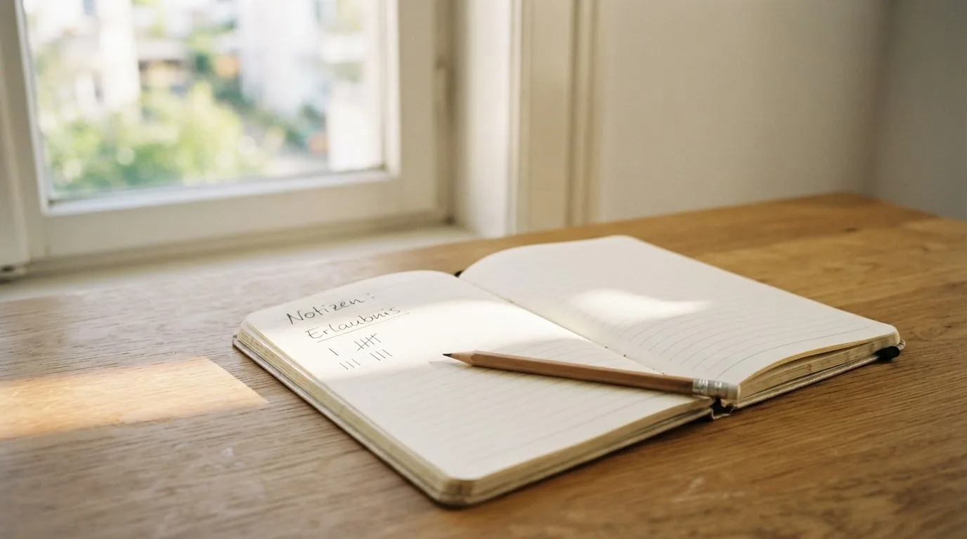 Ein Notizbuch mit handschriftlichen Notizen und ein Bleistift liegen auf einem Schreibtisch am Fenster, draußen fällt Morgenlicht herein.