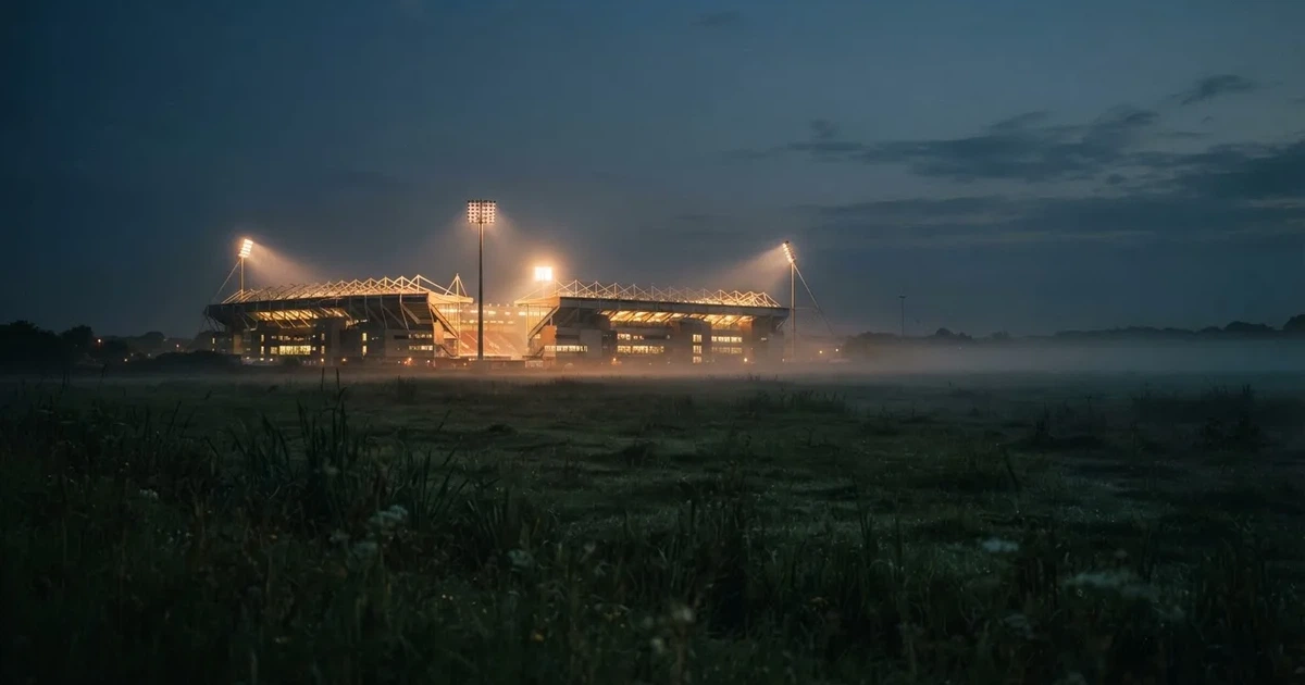 Ein Stadion unter Flutlicht, aus großer Entfernung über eine dunkle Wiese fotografiert, am Himmel zieht Nebel auf.