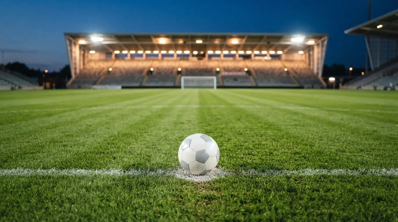 Ein Fußball liegt auf dem Anstoßpunkt eines leeren Rasenplatzes, im Hintergrund steht ein Stadion unter Flutlicht in der Dämmerung.
