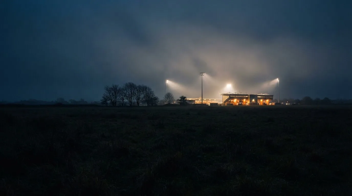 Ein Stadion unter Flutlicht, aus großer Entfernung über eine dunkle Wiese fotografiert, am Himmel zieht Nebel auf.