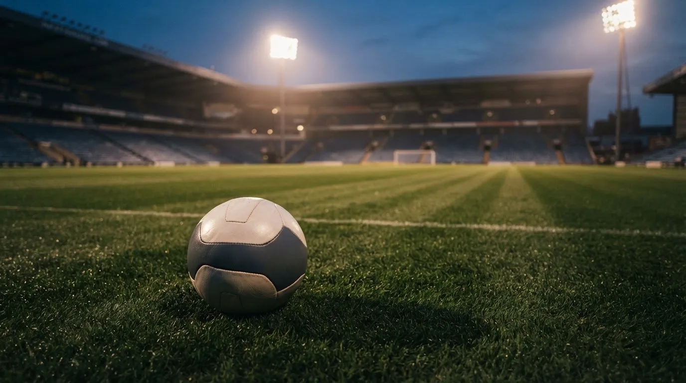 Ein Fußball liegt auf dem Rasen eines leeren Platzes, im Hintergrund ein Stadion unter Flutlicht in der Abenddämmerung.