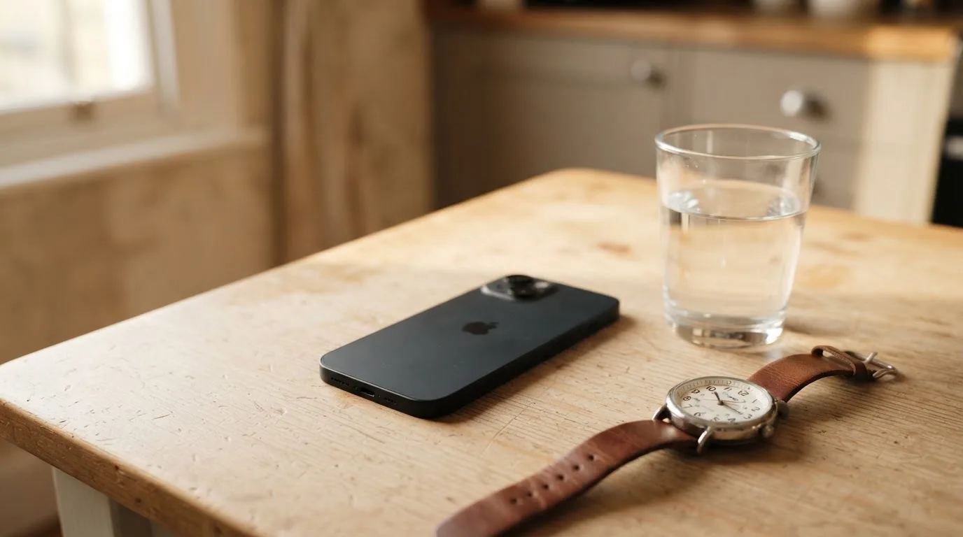 Ein Smartphone liegt mit dem Display nach unten auf einem Küchentisch, daneben stehen ein Glas Wasser und eine Armbanduhr.