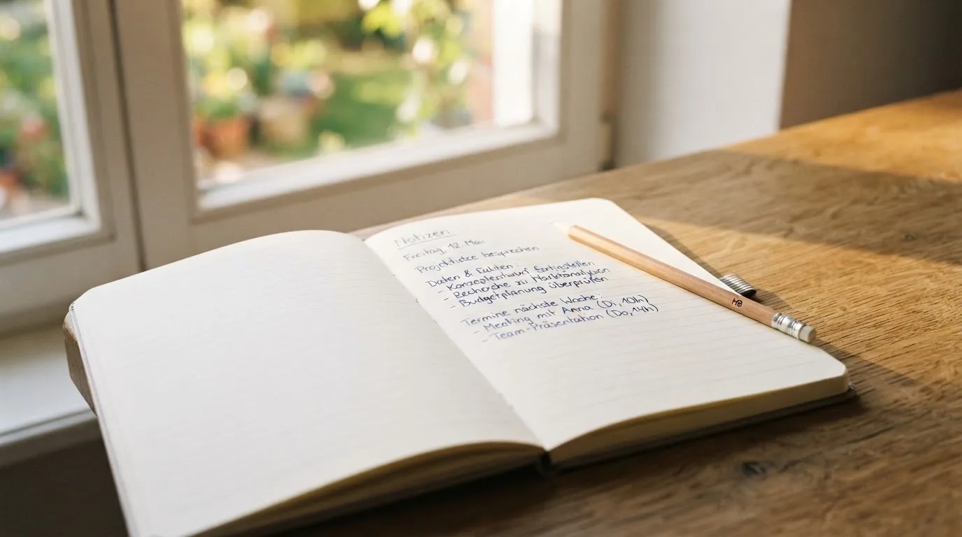 Ein Notizbuch mit handschriftlichen Notizen und ein Bleistift liegen auf einem Schreibtisch am Fenster, draußen fällt Morgenlicht herein.