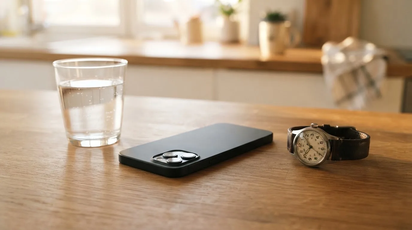 Ein Smartphone liegt mit dem Display nach unten auf einem Küchentisch, daneben stehen ein Glas Wasser und eine Armbanduhr.