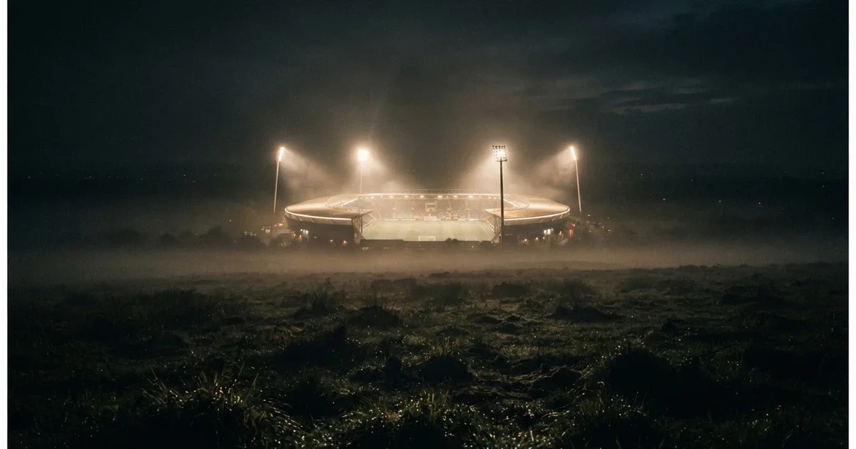 Ein Stadion unter Flutlicht, aus großer Entfernung über eine dunkle Wiese fotografiert, am Himmel zieht Nebel auf.