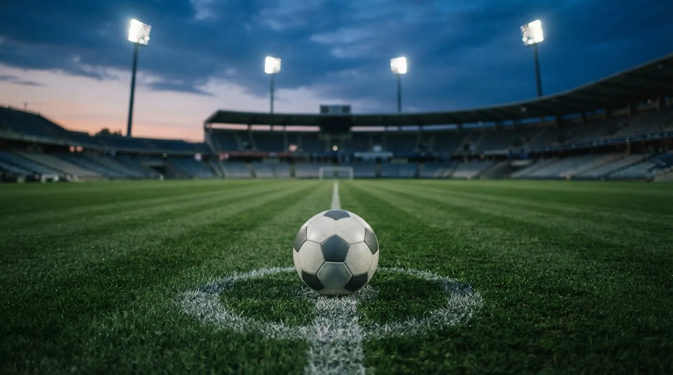 Ein Fußball liegt auf dem Anstoßpunkt eines leeren Rasenplatzes, im Hintergrund steht ein Stadion unter Flutlicht in der Dämmerung.