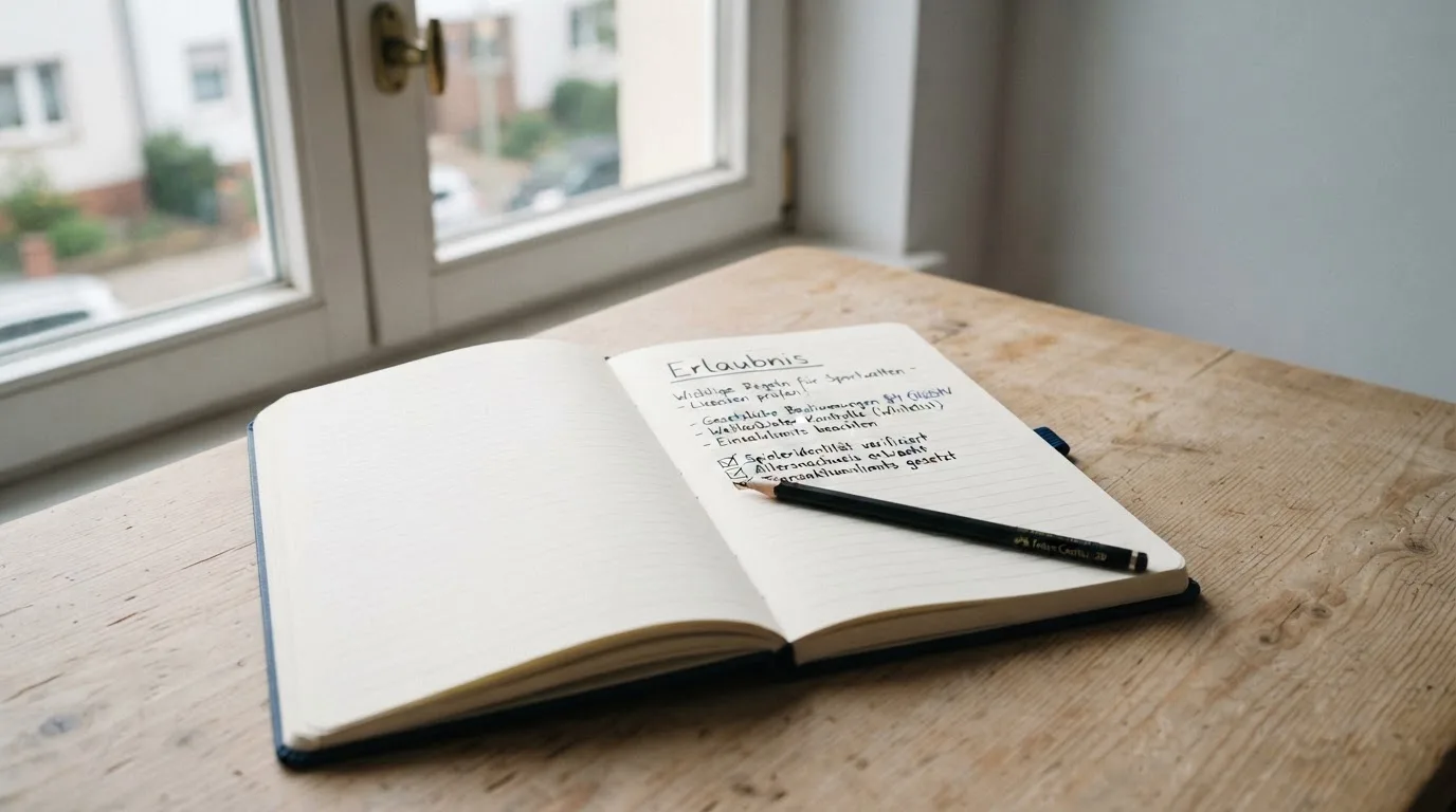 Ein Notizbuch mit handschriftlichen Notizen und ein Bleistift liegen auf einem Schreibtisch am Fenster, draußen fällt Morgenlicht herein.