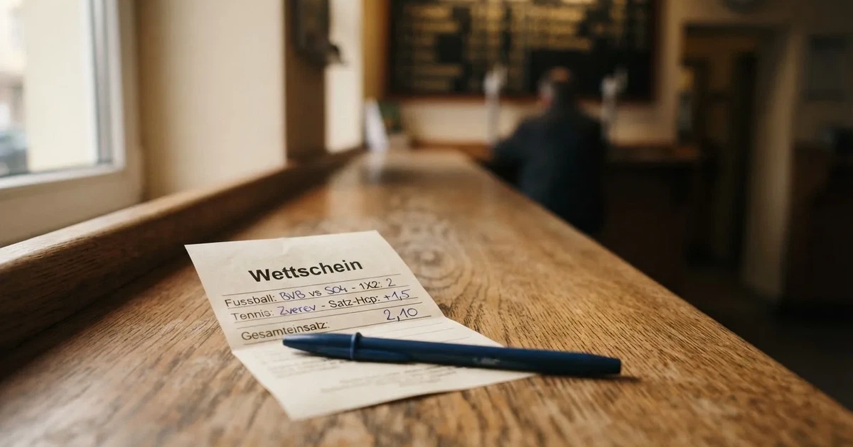 Ein leerer Wettschein aus Papier liegt neben einem Stift auf einer hölzernen Theke, weiches Licht fällt von der Seite ein.